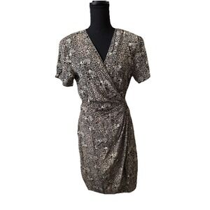 Robbie Bee Animal Print Wrap Midi Dress‎ Size 12 100% Silk Brown Cheetah VIntage